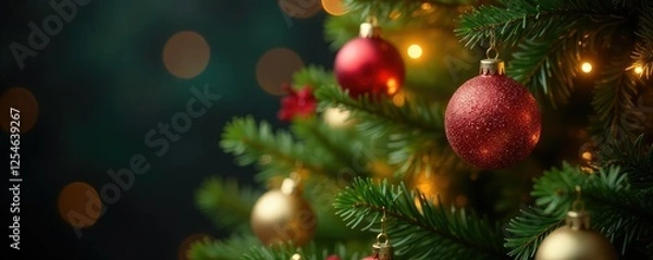 Obraz Glittering balls nestled among lush greenery of a golden sparkle Christmas tree, balls, foliage, glittering