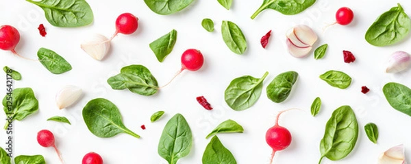 Fototapeta Fresh spinach, radishes, and garlic create vibrant, artistic composition. This colorful arrangement showcases beauty of vegetables, perfect for healthy eating inspiration