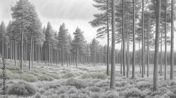 Fototapeta Serene misty pine forest landscape with tall trees and soft fog, a tranquil nature scene in black and white
