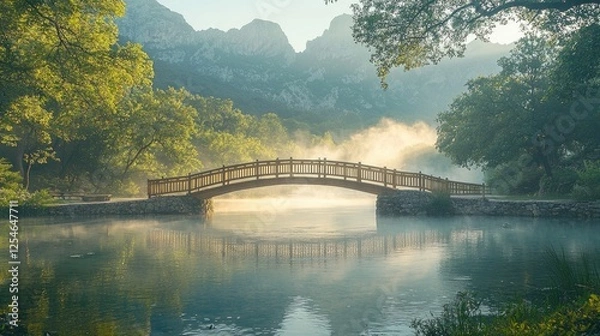 Obraz Serene wooden bridge over misty lake surrounded by lush trees and mountains at dawn