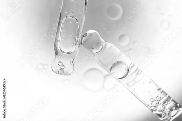 Obraz samples serum tests glass pipettes with drops of serum on a black and white background