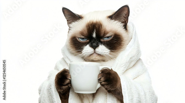Fototapeta Grumpy Cat in Bathrobe: A grumpy-looking cat, wrapped in a fluffy white bathrobe, holds a mug, conveying a sense of morning displeasure or general feline disdain.  The image is humorous and relatable.