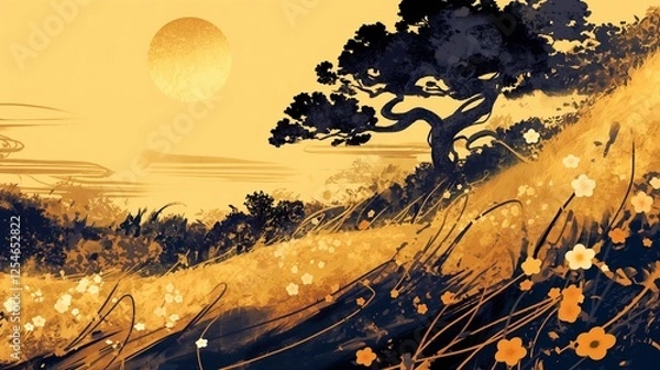 Fototapeta 日本の伝統美｜金彩で描く桜と優雅な山水の景色