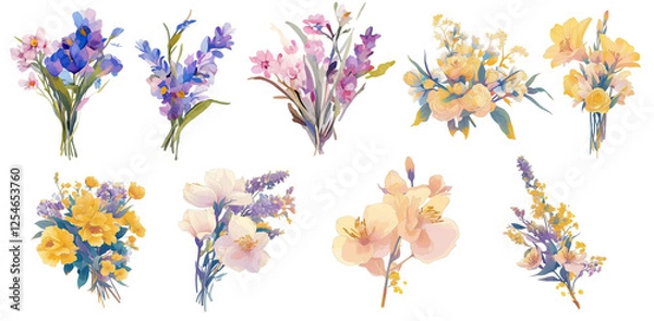 Fototapeta Bundled Collection of flower paintings, colorful bouquets.