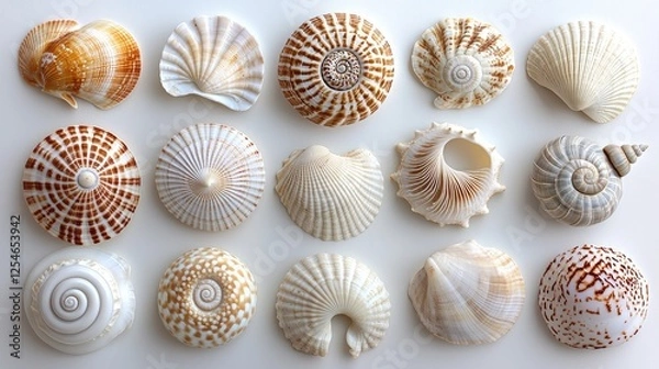 Obraz Collection of various beautifully patterned seashells arranged on a white background showcasing nature's art
