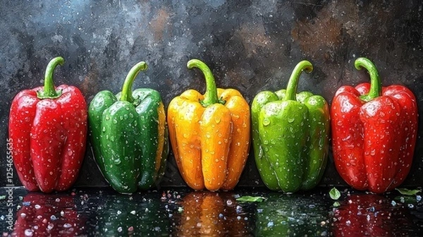 Fototapeta Vibrant assortment of bell peppers in various colors with water droplets on a dark background