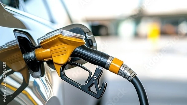 Fototapeta A close-up of a fuel pump nozzle inserted into a car's fuel tank, highlighting the process of refueling at a gas station.