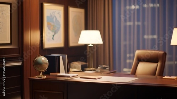 Fototapeta Elegant office interior featuring a wooden desk, globe, and illuminated lamps with city view