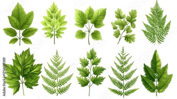 Fototapeta A collection of various green leaves showcasing diverse shapes and textures against a white background