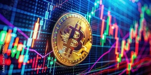 Obraz Macro Shot: Bitcoin Trading Charts with Neon Glowing Lines - Cryptocurrency Volatility