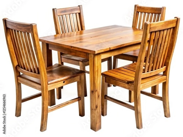 Fototapeta Rustic Teak Wood Table and Chairs Set Isolated on White Background - Perfect for Interior Design Projects