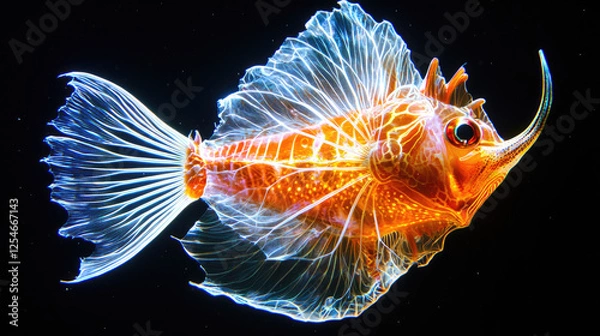 Fototapeta Vibrant transparent fish swimming gracefully in dark waters, showcasing its intricate fins and colors