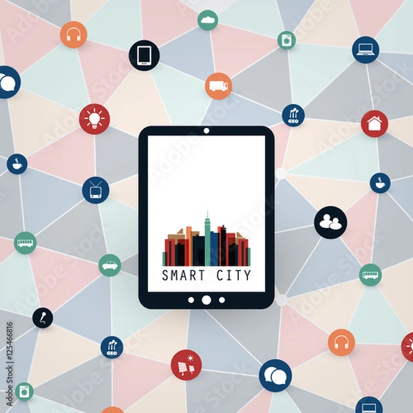 Fototapeta Colorful Smart City Design Concept with Icons - Digital Network Connections, Technology Background
