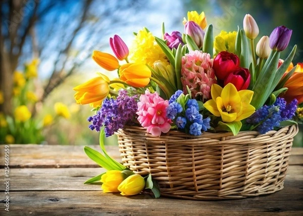 Fototapeta Vibrant Spring Flowers in Basket - Left Composition with Copy Space