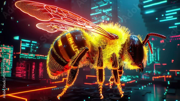Fototapeta A vibrant, futuristic bee with neon accents hovering over a cyberpunk cityscape at night