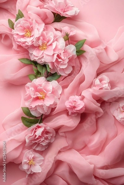 Fototapeta Pink floral arrangement with soft fabric on a light pink background for elegant design