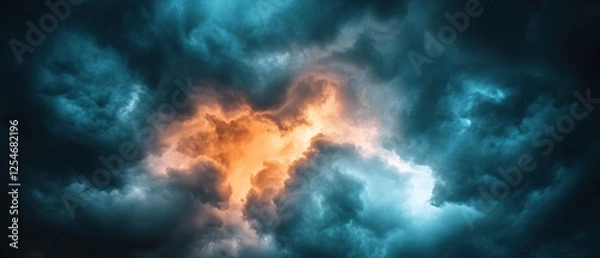 Fototapeta Dramatic Sky with Orange Light Bursting Through Dark Blue Clouds Creating a Moody Scene