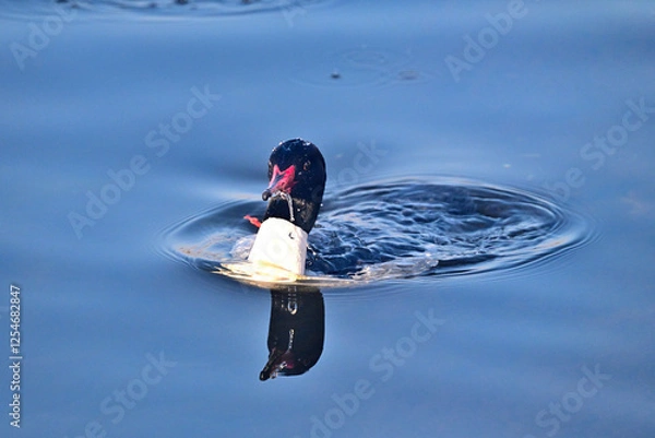 Fototapeta The common merganser or goosander swimming in lake water