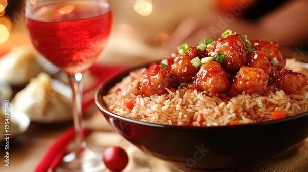 Fototapeta A close-up of a bowl of fried rice topped with sweet and sour meatballs, accompanied by a glass of red beverage, set in a cozy dining atmosphere with soft lighting and festive decorations 