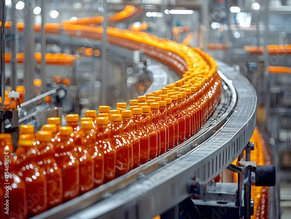 Fototapeta Bottled sauce conveyor belt factory production