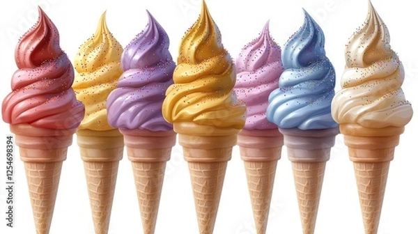 Fototapeta Colorful ice cream cones in a row, showcasing various flavors and sprinkles, perfect for summer treats