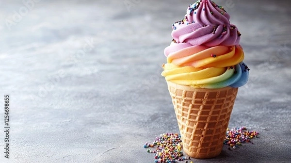 Fototapeta Colorful ice cream cone with sprinkles on a textured surface, evoking a joyful dessert experience
