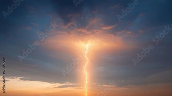 Fototapeta Lightning strike during sunset, dramatic sky