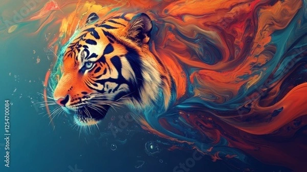 Fototapeta Abstract Vortex: Create an abstract vortex design that incorporates the forms of a tiger, parrot, and dolphin, swirling in vibrant colors.