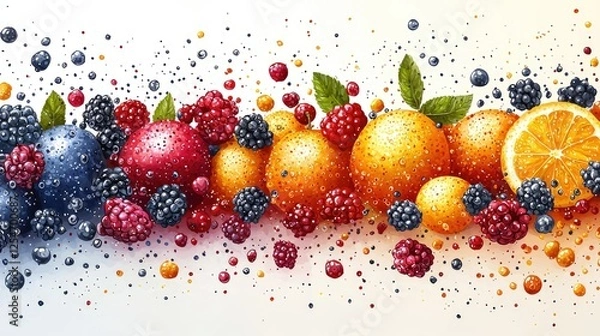 Fototapeta Vibrant assortment of fresh fruits with droplets, showcasing oranges, berries, and background splashes