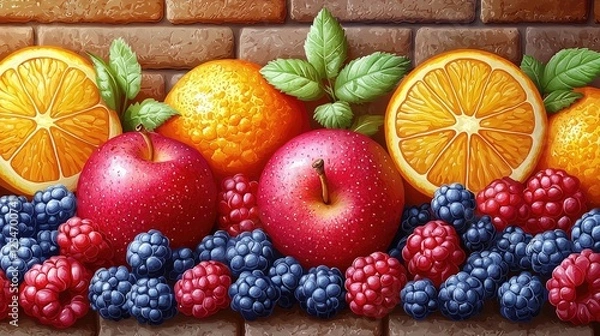 Fototapeta Vibrant assortment of fresh fruits including apples, oranges, and berries against a textured brick background
