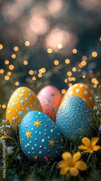 Fototapeta Colorful decorated Easter eggs surrounded by flowers and soft bokeh lights in the background