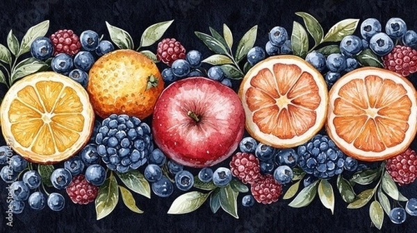 Fototapeta Vibrant assortment of fruits including oranges, apples, and berries on a dark background