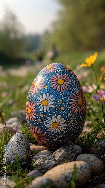 Fototapeta Colorful decorated egg surrounded by wildflowers and pebbles in a serene outdoor setting