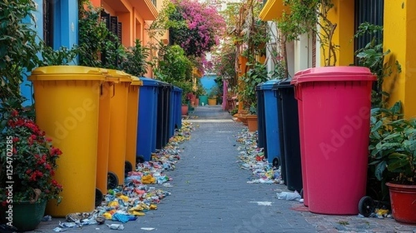 Fototapeta Colorful alleyway lined with trash bins amidst vibrant flowers and littered pathway