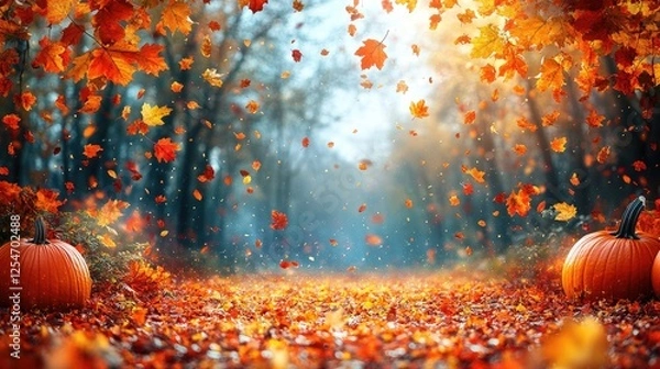 Fototapeta Autumn scene with falling leaves and pumpkins lining a forest path, capturing seasonal beauty