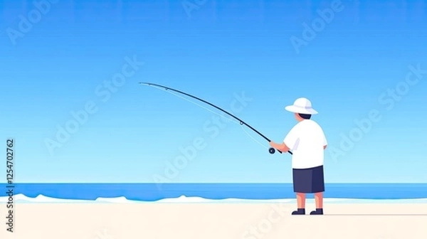 Obraz A person fishing on a tranquil beach under a clear blue sky with gentle waves in the background