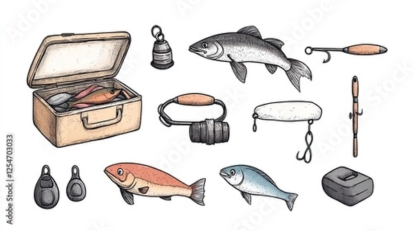 Obraz Fishing gear including a tackle box, lures, and various fish illustrated in a detailed style