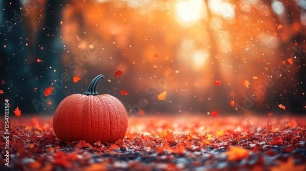 Fototapeta Vibrant autumn scene featuring a solitary pumpkin surrounded by falling leaves in a forest