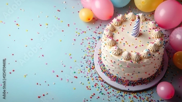 Fototapeta Colorful birthday cake with a single candle surrounded by balloons and confetti on a blue background