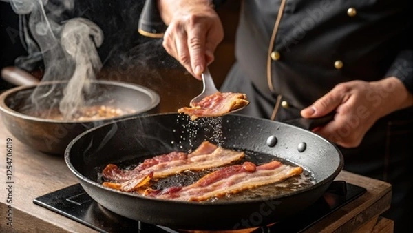 Obraz Chef's Hand Placing Crispy Bacon in Pan Culinary Composition