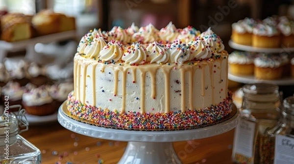 Fototapeta A beautifully decorated cake with sprinkles and frosting, surrounded by cupcakes in a cozy bakery