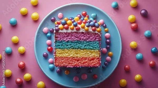 Fototapeta Colorful layered cake with vibrant icing and candy decorations on a pastel background