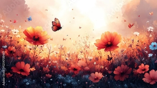 Fototapeta Vibrant field of flowers with butterflies fluttering under a warm sunset sky, evoking tranquility