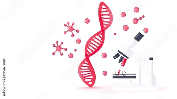 Obraz Scientific illustration of a microscope analyzing DNA strands and viruses in a lab setting