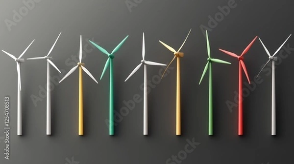 Fototapeta Colorful wind turbines in a row on dark background.