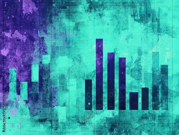 Fototapeta A vibrant abstract design featuring bar graphs in dark purple against a teal background, representing data visualization and analytics.