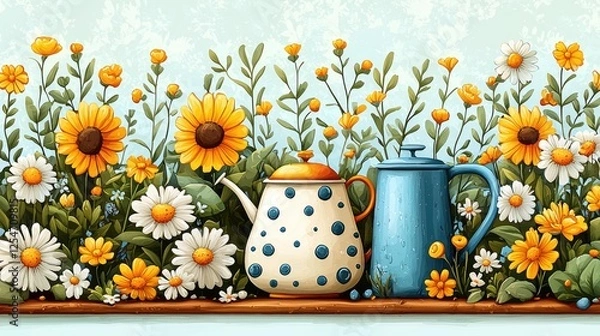 Fototapeta Colorful floral arrangement with teapots amidst vibrant sunflowers and daisies in a serene setting