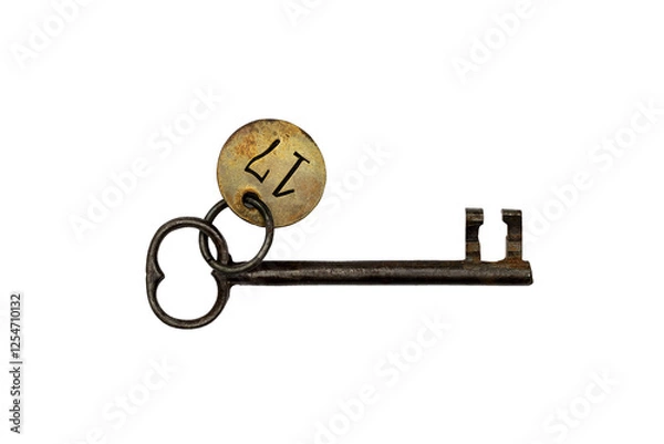 Obraz isolated ancient key, with metal pendant and the number 17
