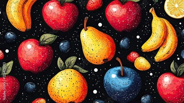 Fototapeta Colorful pattern of various fruits including apples, bananas, and berries on a dark background