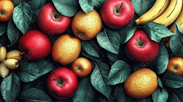 Fototapeta Vibrant assortment of fresh fruits including apples, oranges, and bananas on lush green leaves